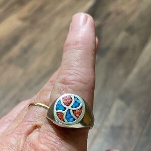 Artisan Silver Ring with Turquoise and Coral Accents